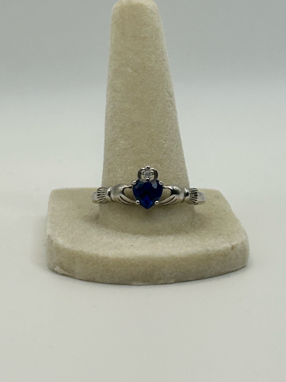Sterling Silver Claddagh Ring Heart-Shaped Blue Stone Stamped 925 Size 10 - Picture 5 of 12